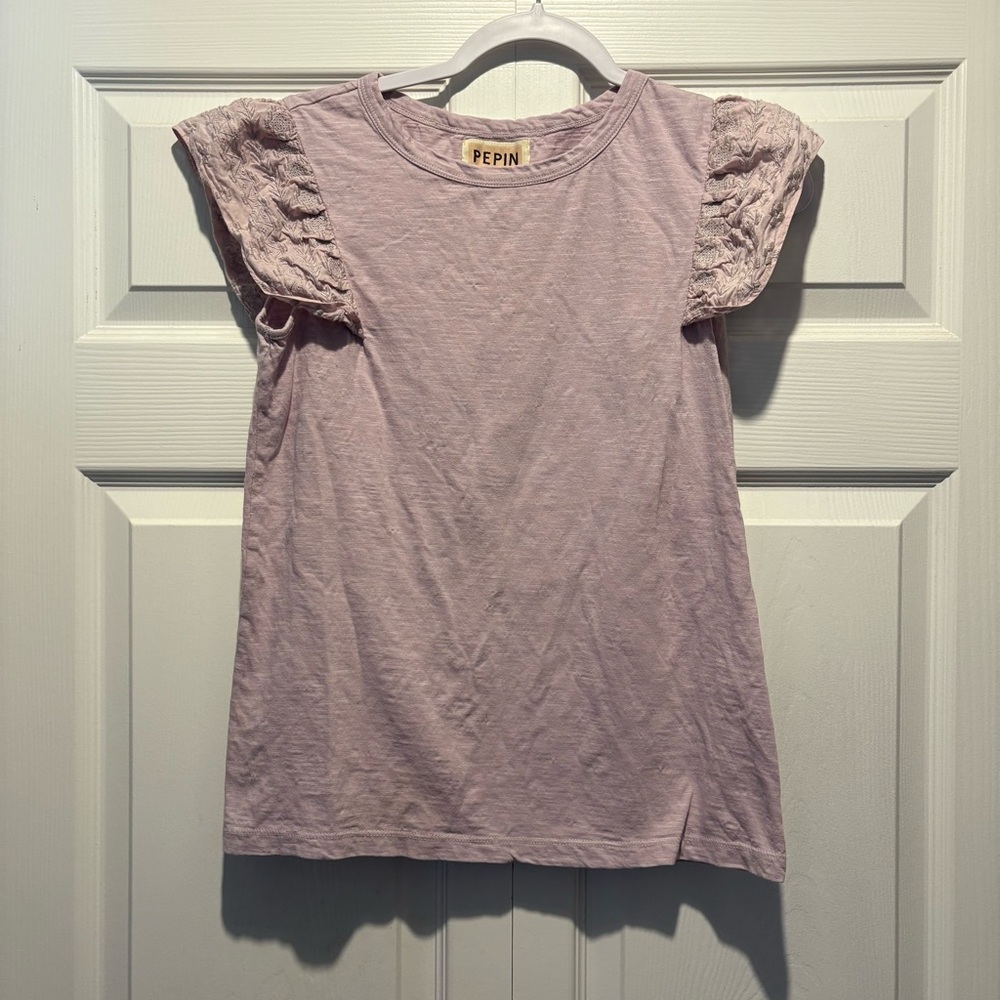Pepin ruffle lavender lace embroidered sleeve cap sleeve t shirt cotton size M
